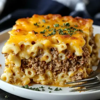A slice of baked Mac and Cheese Meatloaf Casserole on a white plate, showing layers of seasoned ground beef and creamy macaroni, topped with golden melted cheese and garnished with herbs.