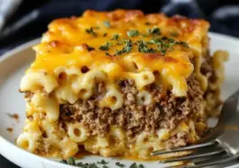 Close-up of a slice of Mac and Cheese Meatloaf Casserole on a white plate, showcasing creamy macaroni, seasoned beef, and golden melted cheese topping with herb garnish.