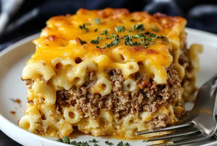 Close-up of a slice of Mac and Cheese Meatloaf Casserole on a white plate, showcasing creamy macaroni, seasoned beef, and golden melted cheese topping with herb garnish.