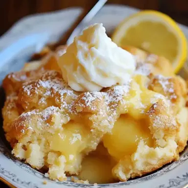 Close-up of Magic Lemon Cobbler with golden cake top, gooey lemon pudding center, dusted with powdered sugar and topped with whipped cream on a vintage plate.
