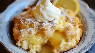 Close-up of Magic Lemon Cobbler served on a vintage plate, showing gooey lemon pudding base and fluffy golden cake topping, dusted with powdered sugar and topped with whipped cream.