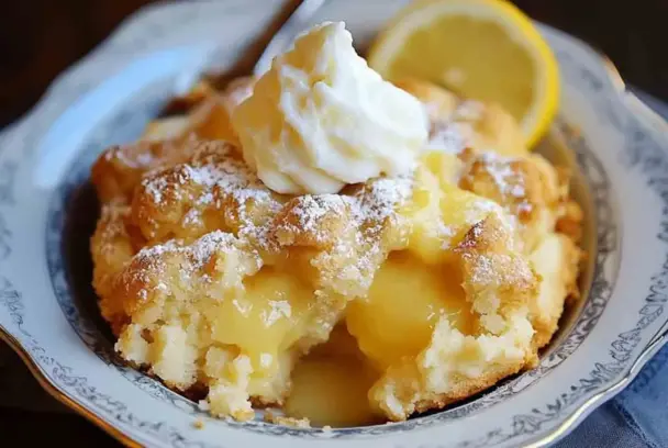 Close-up of Magic Lemon Cobbler served on a vintage plate, showing gooey lemon pudding base and fluffy golden cake topping, dusted with powdered sugar and topped with whipped cream.