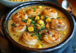 Close-up of creamy shrimp and corn bisque in a black bowl, topped with golden seared shrimp, sweet corn, and chopped parsley, served on a dark background.