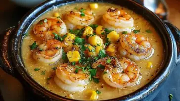 Close-up of creamy shrimp and corn bisque in a black bowl, topped with golden seared shrimp, sweet corn, and chopped parsley, served on a dark background.