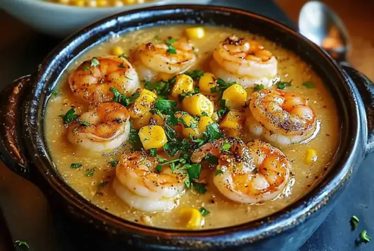 Close-up of creamy shrimp and corn bisque in a black bowl, topped with golden seared shrimp, sweet corn, and chopped parsley, served on a dark background.
