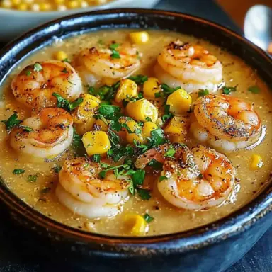 A bowl of creamy New Orleans shrimp and corn bisque topped with seared shrimp, sweet corn kernels, and chopped parsley, served warm in a rustic black bowl.