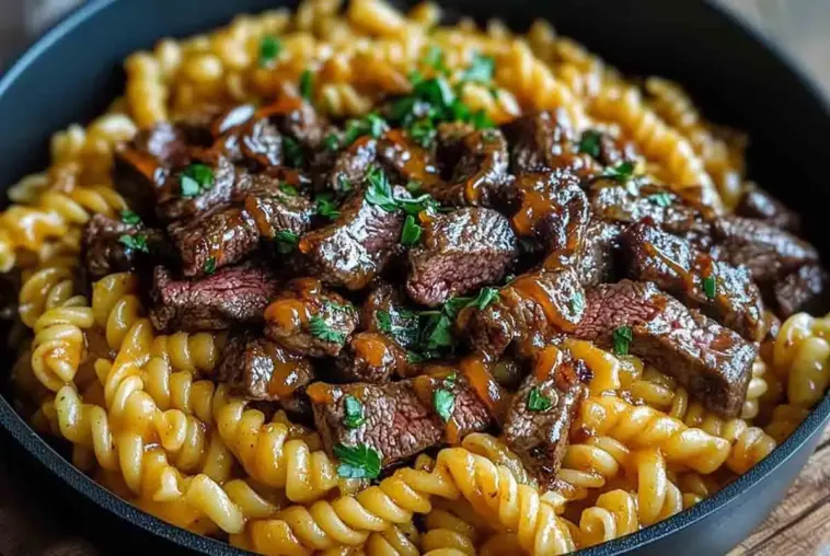 A bowl of one-pot smoky honey BBQ steak pasta with rotini noodles, tender sliced steak coated in a glossy BBQ sauce, and garnished with fresh chopped parsley.