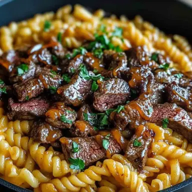 Close-up of one-pot smoky honey BBQ steak pasta featuring juicy sliced steak coated in BBQ sauce, served over cheesy rotini pasta and garnished with fresh parsley in a black skillet.