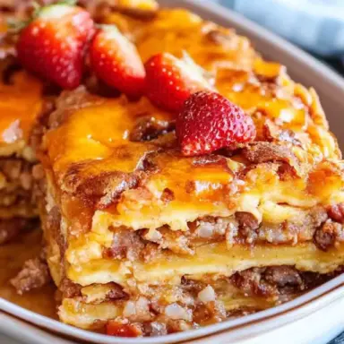 Close-up of a baked pancake casserole with layers of pancakes, sausage, cheese, and diced potatoes, garnished with fresh strawberries on top in a white baking dish.