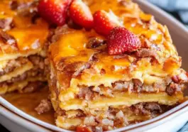 Layered pancake casserole featuring sausage, melted cheese, diced potatoes, and golden pancake layers, topped with fresh strawberries in a white baking dish.