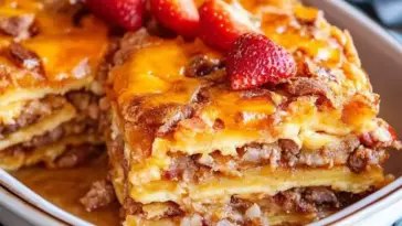 Layered pancake casserole featuring sausage, melted cheese, diced potatoes, and golden pancake layers, topped with fresh strawberries in a white baking dish.