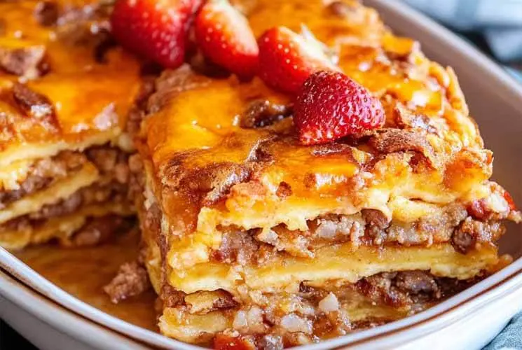 Layered pancake casserole featuring sausage, melted cheese, diced potatoes, and golden pancake layers, topped with fresh strawberries in a white baking dish.