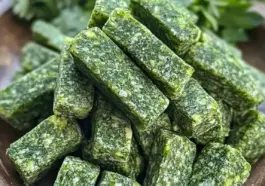 Stack of homemade green parsley and mint dog treats in rectangular shapes, arranged on a wooden plate with fresh herbs in the background.