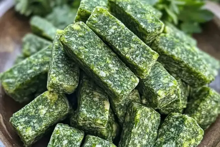 Stack of homemade green parsley and mint dog treats in rectangular shapes, arranged on a wooden plate with fresh herbs in the background.