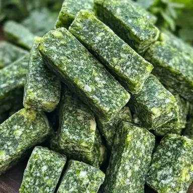 Close-up of homemade parsley and mint dog teeth cleaner treats, cut into rectangular bites and stacked on a wooden plate.