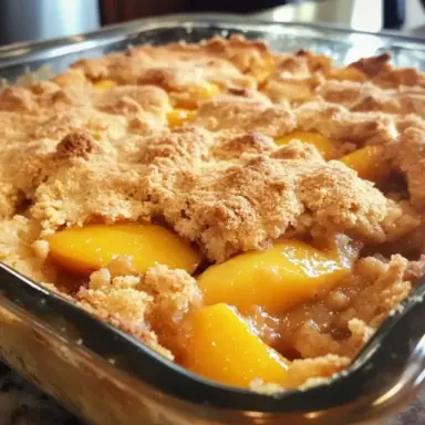Close-up of a freshly baked peach cobbler dump cake in a glass dish, showing golden crumb topping and juicy canned peaches.