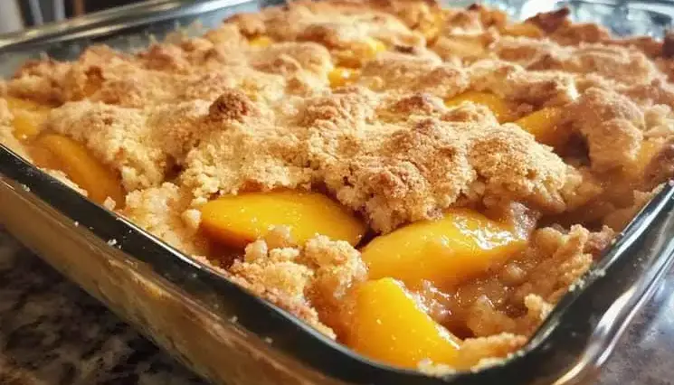 Golden-baked peach dump cake with crumbly topping and sweet peach filling in a clear glass baking dish on a granite counter.