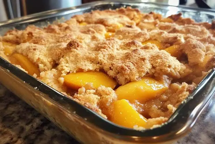 Golden-baked peach dump cake with crumbly topping and sweet peach filling in a clear glass baking dish on a granite counter.