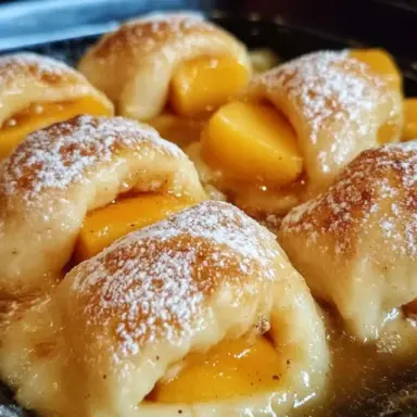 Close-up of golden peach dumplings baked in buttery syrup, dusted with powdered sugar, and filled with tender peach slices, served warm in a baking dish.