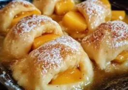 Golden-brown peach dumplings baked in a rich cinnamon butter syrup, wrapped in flaky dough and dusted with powdered sugar, served in a baking dish.