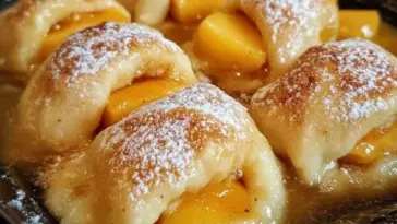 Golden-brown peach dumplings baked in a rich cinnamon butter syrup, wrapped in flaky dough and dusted with powdered sugar, served in a baking dish.