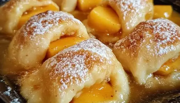 Golden-brown peach dumplings baked in a rich cinnamon butter syrup, wrapped in flaky dough and dusted with powdered sugar, served in a baking dish.