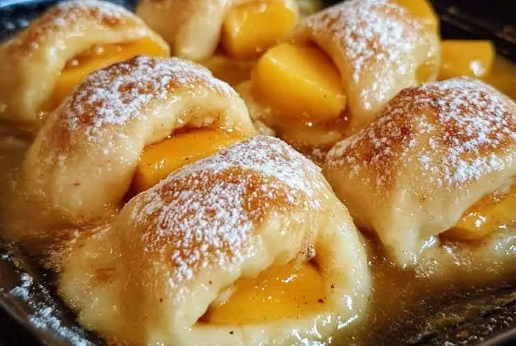 Golden-brown peach dumplings baked in a rich cinnamon butter syrup, wrapped in flaky dough and dusted with powdered sugar, served in a baking dish.