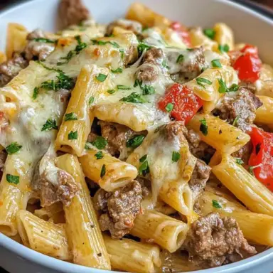 Close-up of Philly Cheesesteak Pasta in a white bowl, featuring rigatoni pasta, ground beef, red bell peppers, melted cheese, and fresh parsley.