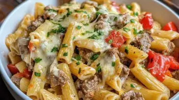 White bowl filled with rigatoni pasta, ground beef, melted provolone cheese, sautéed red bell peppers, and fresh parsley on top.