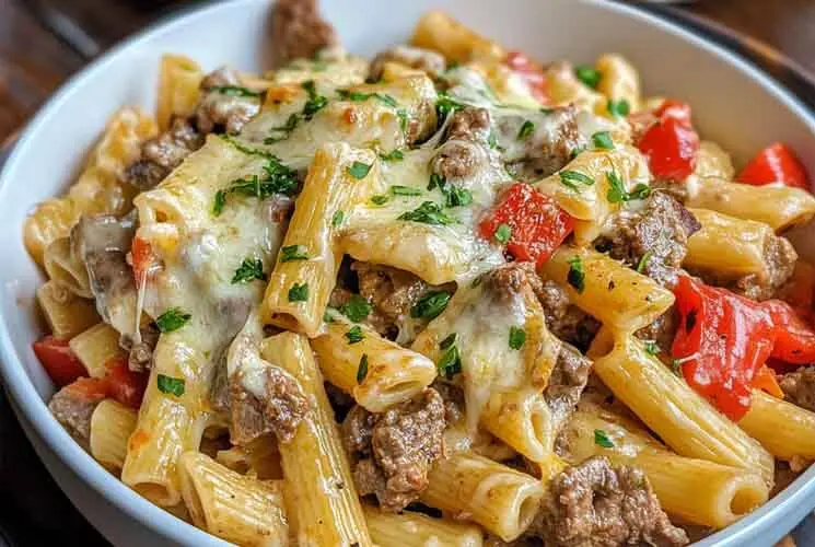 White bowl filled with rigatoni pasta, ground beef, melted provolone cheese, sautéed red bell peppers, and fresh parsley on top.