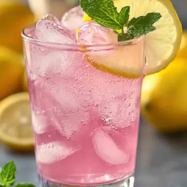 A glass of pink detox drink with ice, lemon slice, and mint, made with Himalayan salt and warm water, ideal for weight loss and digestion support.