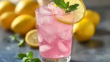 Glass of pink Himalayan salt water with ice, lemon slice, and fresh mint, surrounded by lemons, used as a detox drink for digestion and weight loss.
