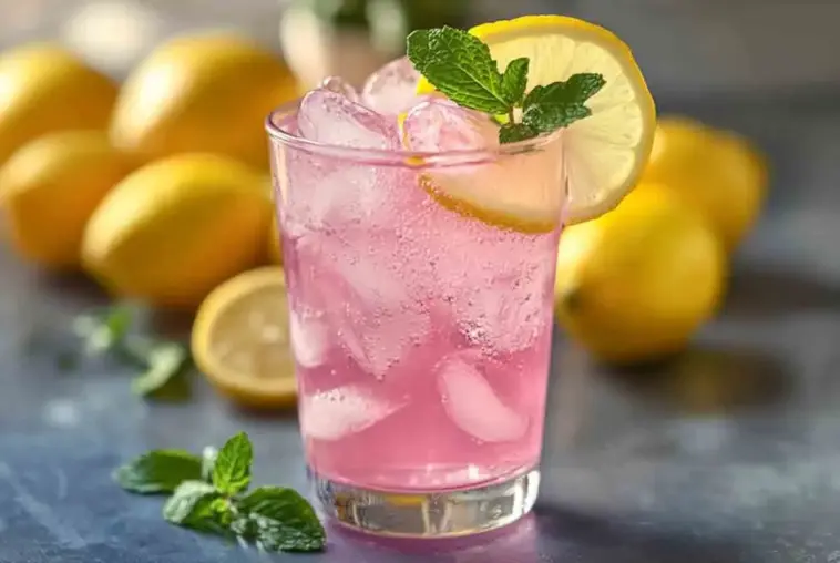 Glass of pink Himalayan salt water with ice, lemon slice, and fresh mint, surrounded by lemons, used as a detox drink for digestion and weight loss.
