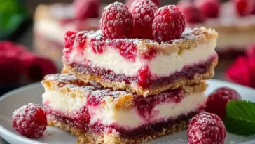 Two raspberry cheesecake bars stacked on a white plate, featuring layers of creamy cheesecake, red raspberry swirl, and golden crust, topped with fresh raspberries and powdered sugar