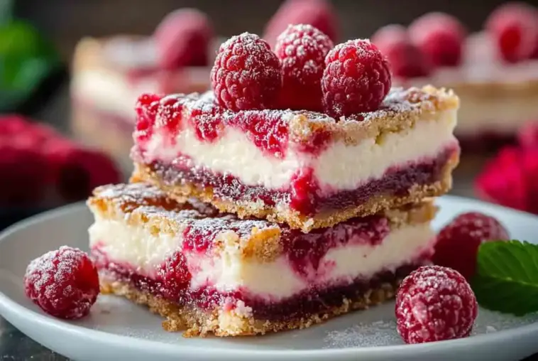 Two raspberry cheesecake bars stacked on a white plate, featuring layers of creamy cheesecake, red raspberry swirl, and golden crust, topped with fresh raspberries and powdered sugar