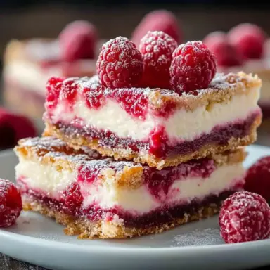 Close-up of raspberry cheesecake bars with a golden crust, creamy filling, and fresh raspberry swirl, stacked and dusted with powdered sugar on a white plate