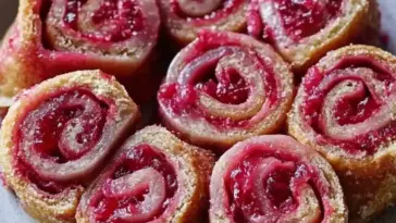 Golden brown rhubarb cranberry roll ups with a bright pink filling, arranged in a swirl pattern on a plate. A festive and easy fruit pastry perfect for brunch or dessert.