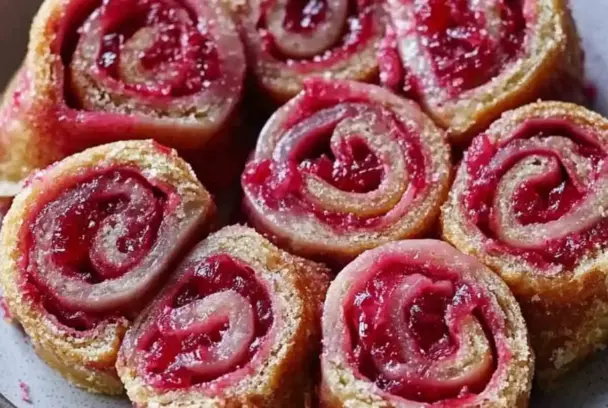 Golden brown rhubarb cranberry roll ups with a bright pink filling, arranged in a swirl pattern on a plate. A festive and easy fruit pastry perfect for brunch or dessert.