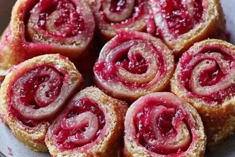 Golden brown rhubarb cranberry roll ups with a bright pink filling, arranged in a swirl pattern on a plate. A festive and easy fruit pastry perfect for brunch or dessert.