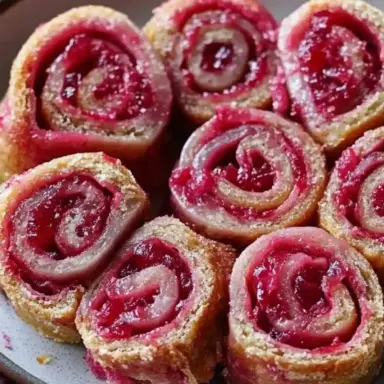 Close-up of golden-baked rhubarb cranberry roll ups with a swirled pink and red fruit filling, coated in sugar and arranged on a rustic plate—ideal for brunch or dessert.