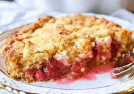 A slice of rhubarb dump cake with golden crumb topping and juicy pink rhubarb filling, served on an elegant white and gold-trimmed plate with a spoon.