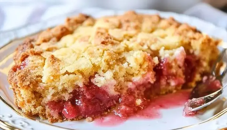 A slice of rhubarb dump cake with golden crumb topping and juicy pink rhubarb filling, served on an elegant white and gold-trimmed plate with a spoon.