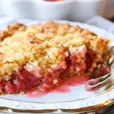 Close-up of a golden-brown rhubarb dump cake slice on a vintage plate, showing a juicy layer of sweet-tart rhubarb filling and a crisp buttery topping.