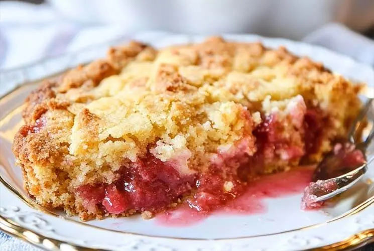 A slice of rhubarb dump cake with golden crumb topping and juicy pink rhubarb filling, served on an elegant white and gold-trimmed plate with a spoon.