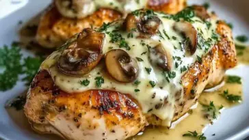 Plated chicken breast stuffed with sautéed mushrooms and melted cheese, garnished with parsley and surrounded by creamy pan sauce—perfect for a savory dinner.