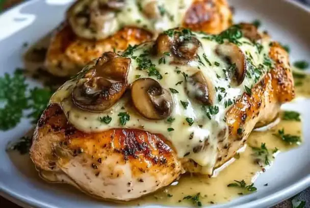 Plated chicken breast stuffed with sautéed mushrooms and melted cheese, garnished with parsley and surrounded by creamy pan sauce—perfect for a savory dinner.