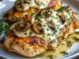 Plated chicken breast stuffed with sautéed mushrooms and melted cheese, garnished with parsley and surrounded by creamy pan sauce—perfect for a savory dinner.
