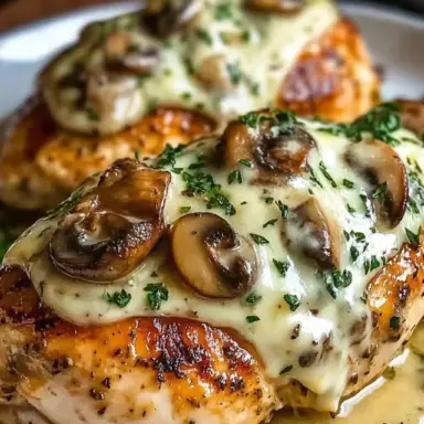 Close-up of golden-baked chicken breasts stuffed with savory sautéed mushrooms and melted cheese, topped with pan sauce and fresh parsley.