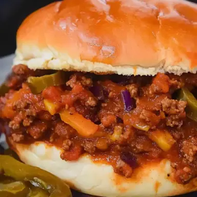 Overhead view of a homemade Sloppy Joe sandwich on a toasted bun, filled with savory ground beef in a rich tomato-based sauce, served with potato wedges.