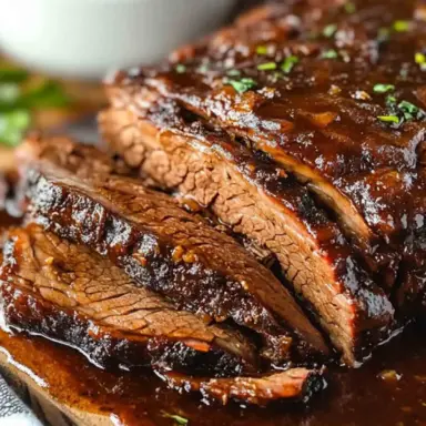 Close-up of sliced slow cooker brisket beef on a wooden cutting board, topped with rich sauce and garnished with fresh herbs.